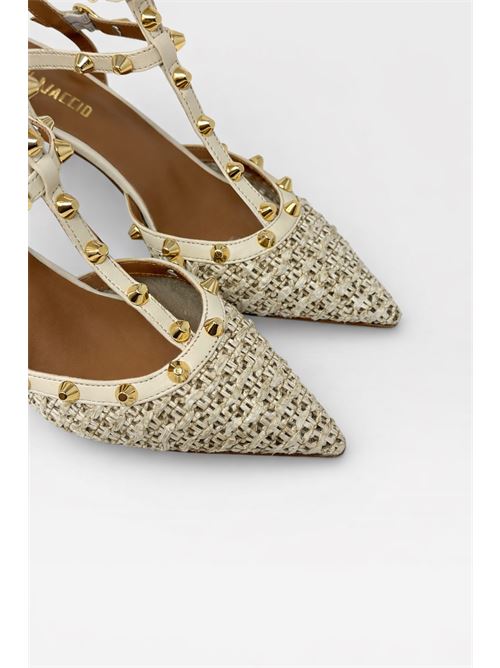Décolleté slingback intrecciate panna con borchie  IL LACCIO | R1310RAFIA+NAPPAMILK